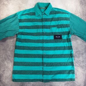 Vintage Weekends Button Down Shirt Mens M Teal Green Striped Short Sleeve Cotton